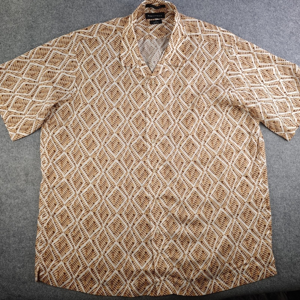 Paul Frederick Shirt Mens 2XL Brown Diamond Geometric Camp Linen Classic Fit